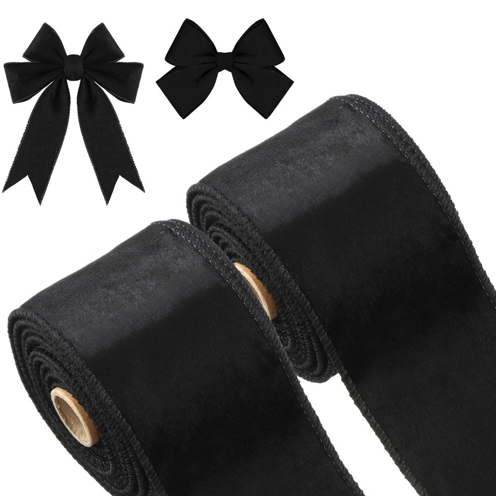 2 Rolls 2.5 Inch 10 Yards Christmas Velvet Ribbon Single Face Christmas Plain Velvet Ribbon for Gift Wrapping Crafts Xmas Wreath Tree Decor(Black)