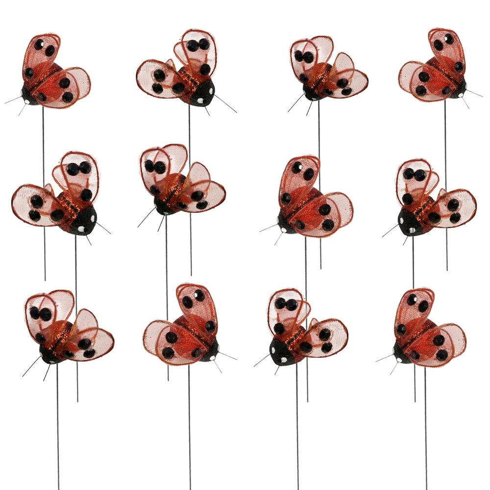 Ladybug Floral Picks Set of 24 - Red Ladybugs on Wire Stems - 8" Decorative Ladybug Picks for Crafts - Flower Arrangements - DIY Decor - Garden Projects - Wreaths & Centerpieces