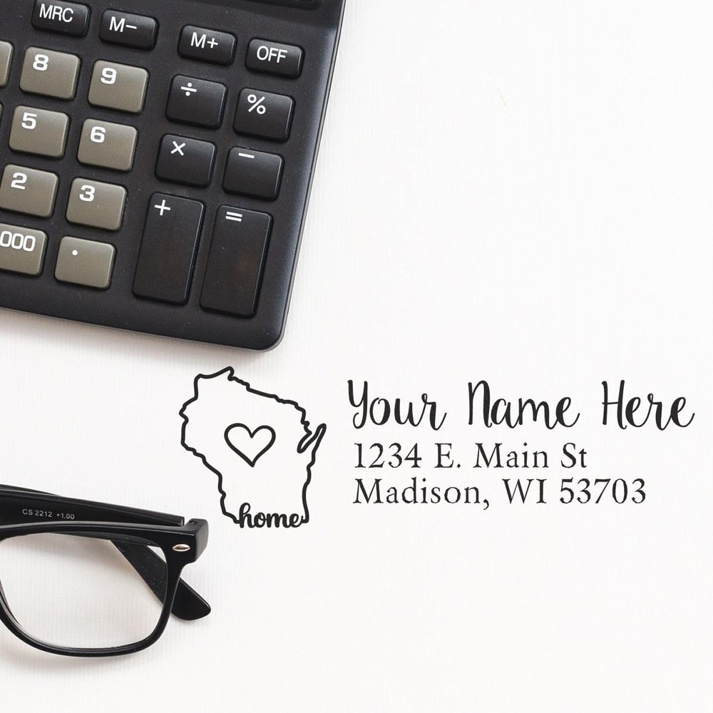 Wood Handle Rectangular Wisconsin State Love Address Stamp, Uses Stamp Pad, Traditional Rubber Stamp, Wisconsin Stamp, Size 7/8" x 2-1/4"
