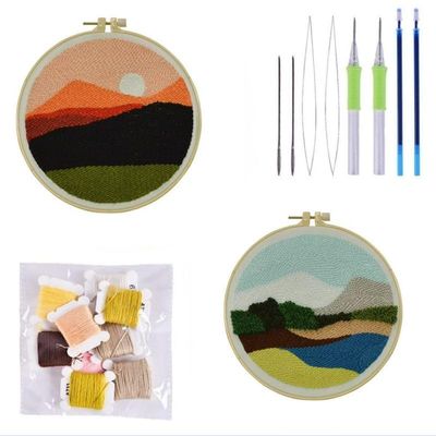 2 Pack Mountains,Dusk Easy Punch Needle Embroidery Starter Kits for Kids and Adults Beginners with Punch Needle Tool,Threader, Stamped Fabric Embroidery,Hoop,Pen, Punch Needle Kits