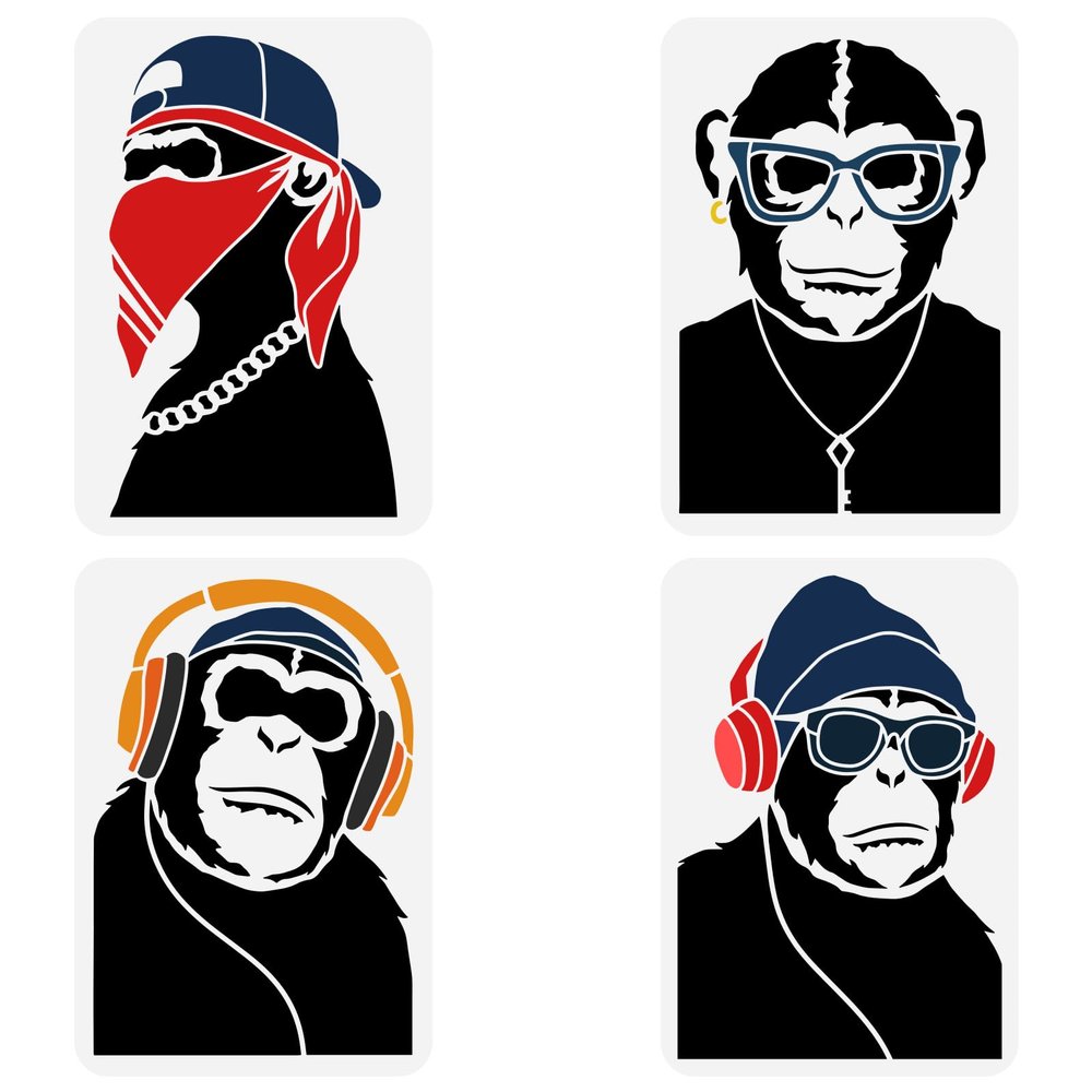 FINGERINSPIRE 4Pcs 4 Styles Hiphop Chimpanzee Stencil 8.3x11.7inch Orangutan Pattern Drawing Template Gorilla with Headphones Stencil Plastic Monky Stencil for Painting on Wall Wood DIY Home Decor
