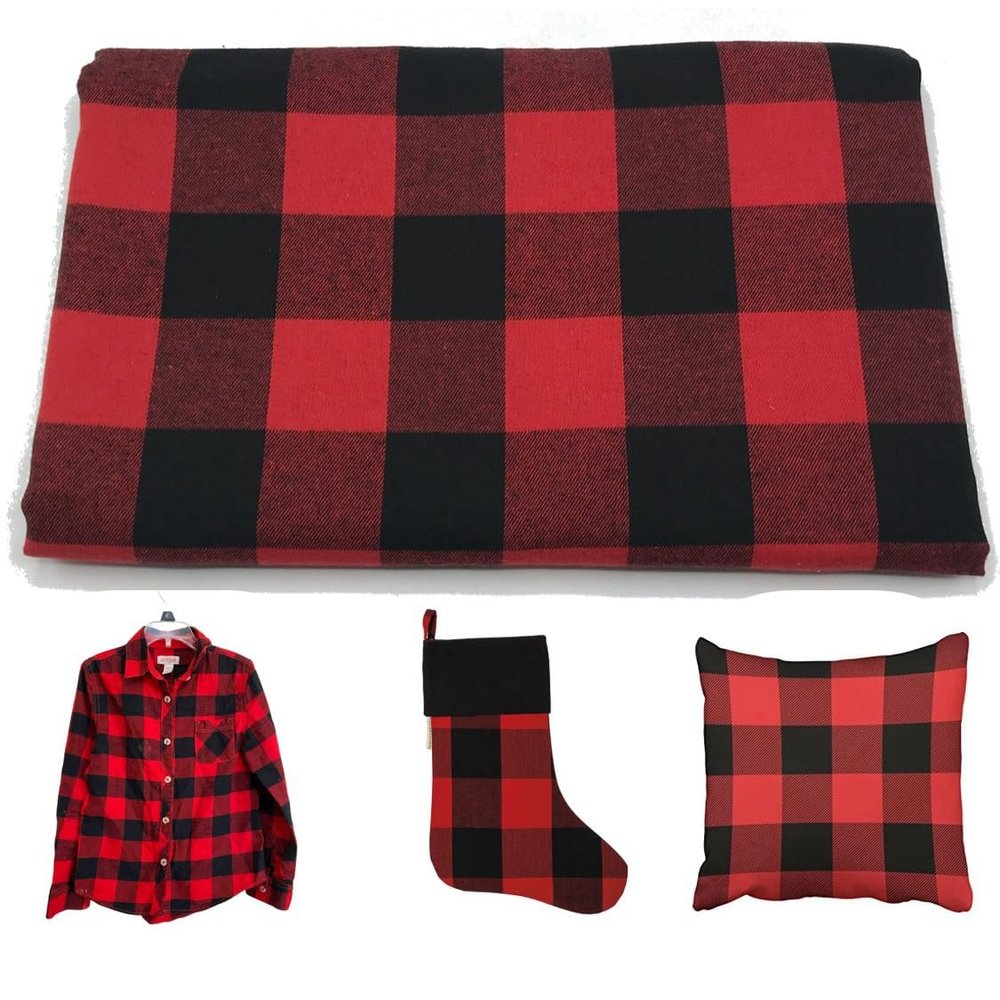 2" Red Black Buffalo Christmas Plaid Fabric 4.5oz Shirting Flannel for Festive Furnishings Craft Costume Dress Cotton Blend Width 57 Inch (2 Yard pre Cut)