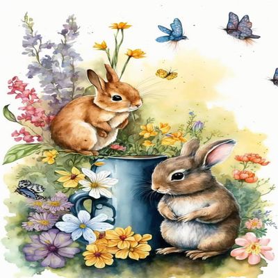 Diamond Painting Kits Watercolor Flower Bunny, 5D Round Diamond Crystal Gemstone Cross Stitch Diamond Painting, 20X20Inch for Beginners Home Interactive Room Decor Gandern Decor or Gift
