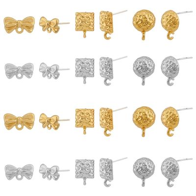 DICOSMETIC 48Pcs 3 Styles Geometric Earring Stud Findings Alloy Earring Findings Textured Bowknot Square Round Earring Posts with Loop for DIY Earring Jewelry Making, Hole: 1-2mm