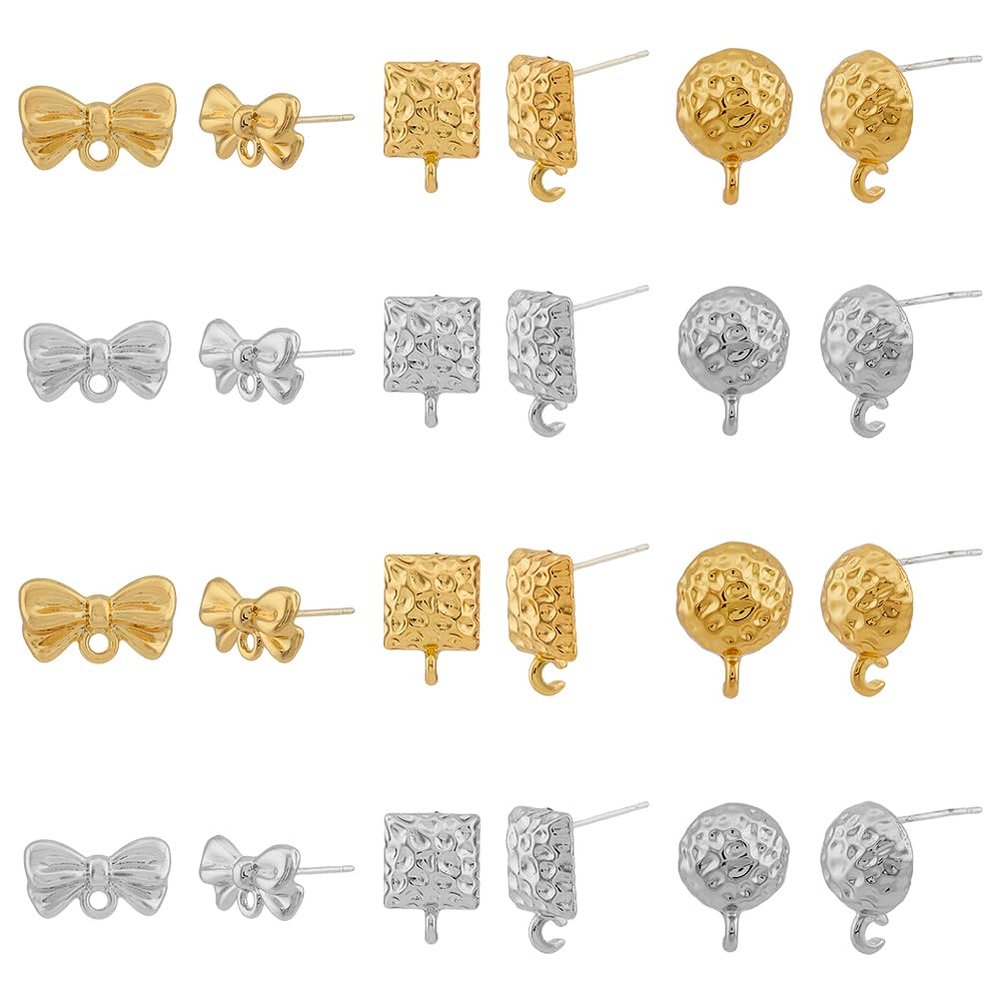 DICOSMETIC 48Pcs 3 Styles Geometric Earring Stud Findings Alloy Earring Findings Textured Bowknot Square Round Earring Posts with Loop for DIY Earring Jewelry Making, Hole: 1-2mm