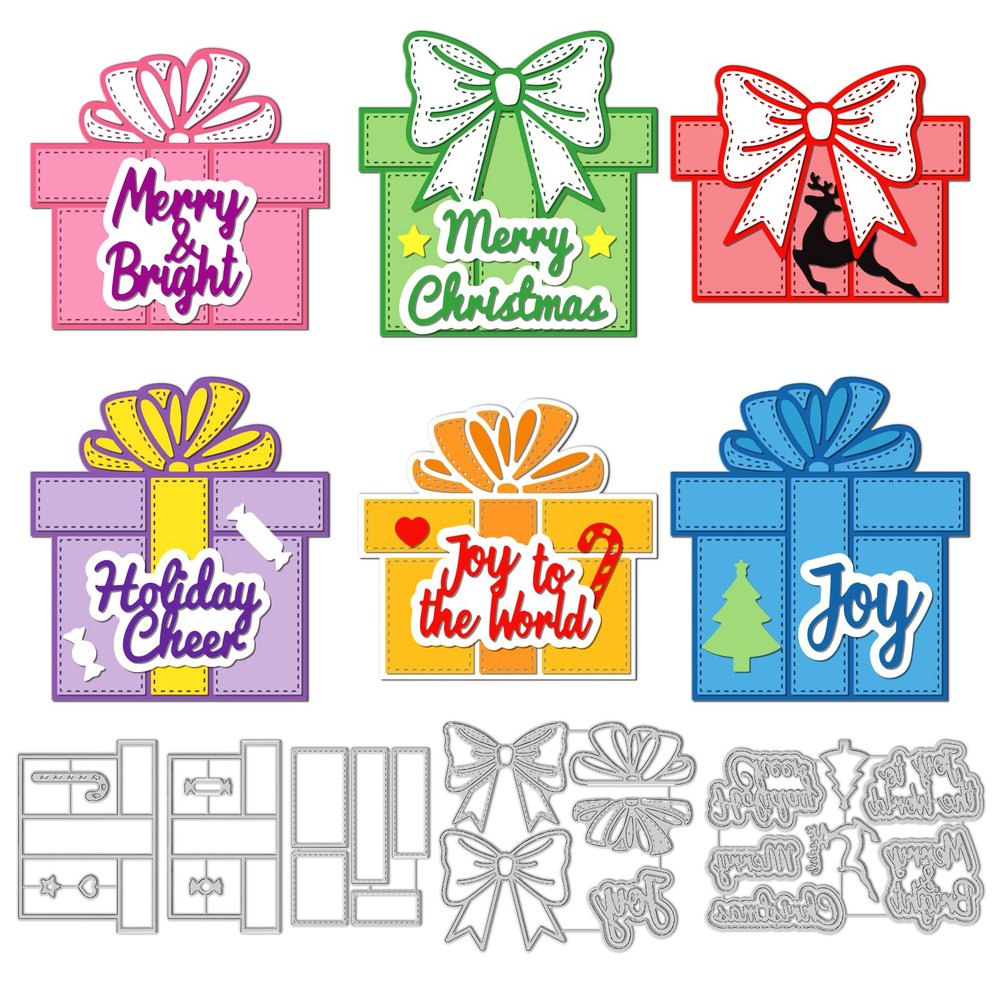 GLOBLELAND Christmas Warm Gift Box Cutting Dies for DIY Scrapbooking Metal Christmas Bowknot Die Cuts Christmas Blessings Cut Dies for Paper Card Making Decoration Album Craft