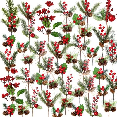 Zeyune 50 Pieces Christmas Floral Picks Christmas Artificial Snowy Berry Picks Stems Small Faux Cedar Pine Needles Branche with Pinecones for Floral Arrangement Wreath Garland Greenery(Red)