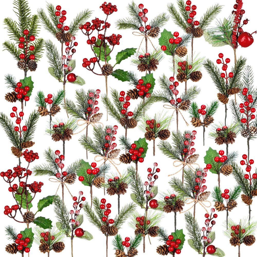 Zeyune 50 Pieces Christmas Floral Picks Christmas Artificial Snowy Berry Picks Stems Small Faux Cedar Pine Needles Branche with Pinecones for Floral Arrangement Wreath Garland Greenery(Red)
