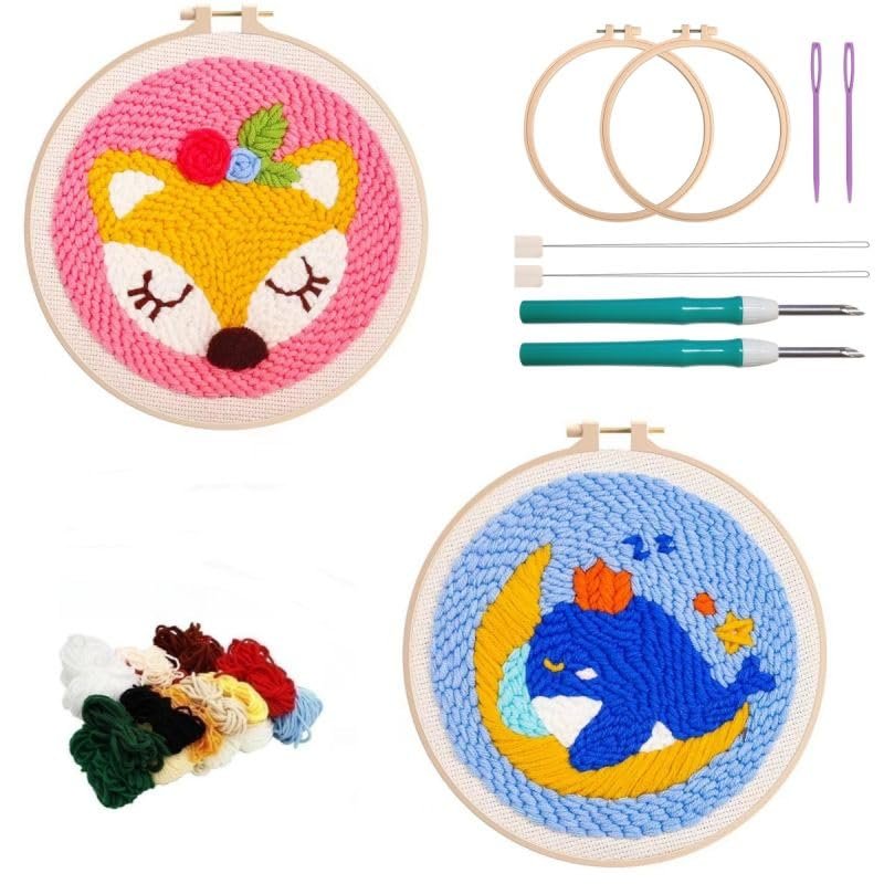 2 Pack Easy Punch Needle Embroidery Moon Dolphin,Deer Starter Kits for Kids and Adults Beginners with Punch Needle Tool,Threader, Stamped Fabric Embroidery,Hoop,Pen, Punch Needle Kits