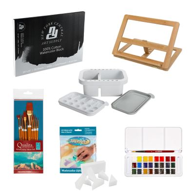 Jerry's Artarama Exclusive 24 Pan Watercolor Set with Brushes, Easel, Cotton Color Block, Brush Basin - artist quality, Lightfast Pigments for Professional Artwork
