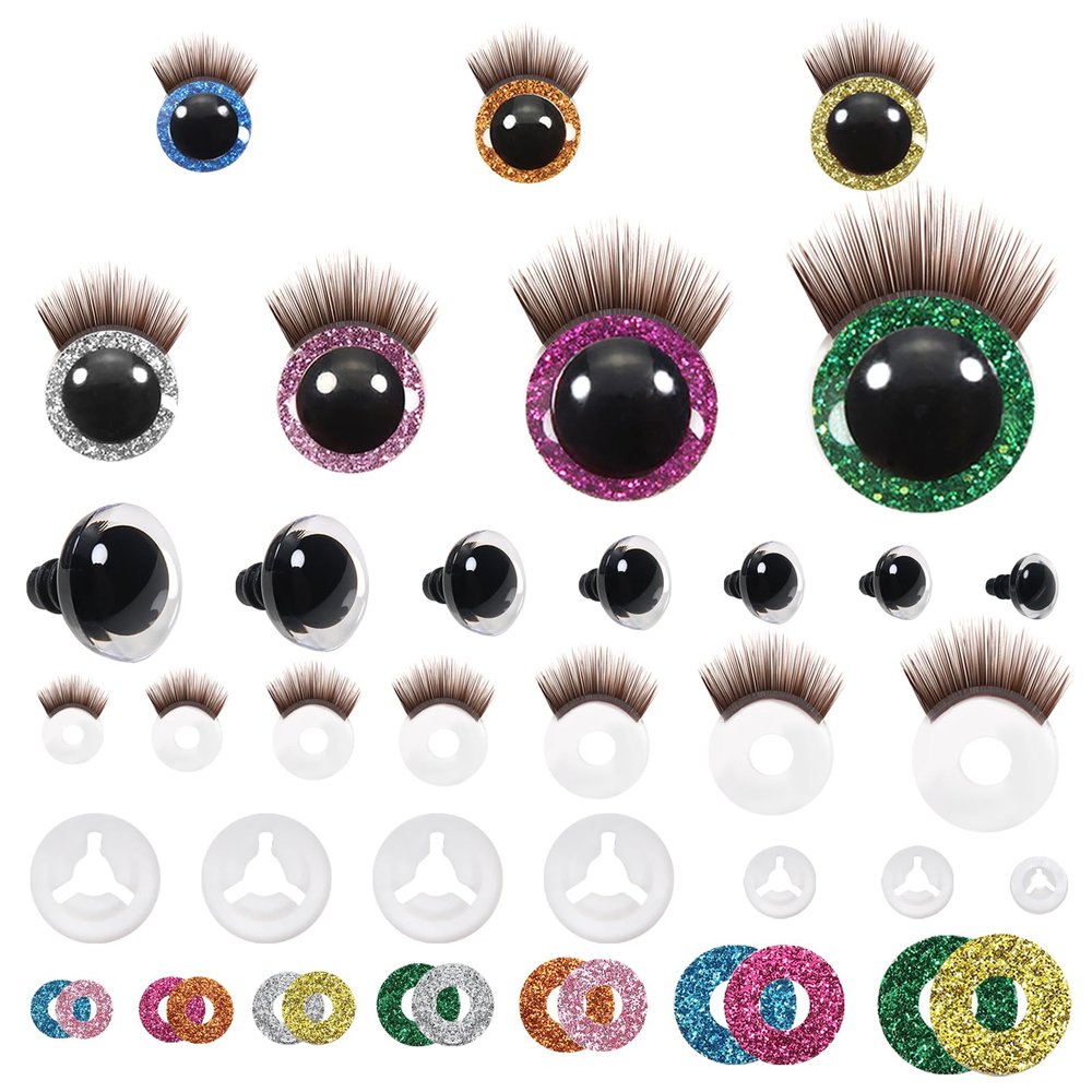 TOAOB 28pcs Plastic Safety Eyes 12mm to 30mm Glitter Safety Eyes with Washers and Brown Eyelashes for Amigurumis Craft Crochet Eyes for DIY Puppet Stuffed Animals Doll Making