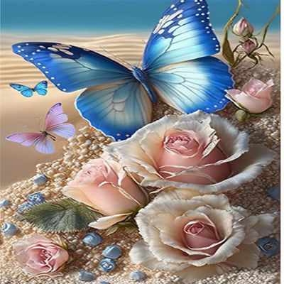 RMSGOZO 5D Beach Rose & Blue Butterfly Diamond Painting Kits - Fresh Summer Full Round Diamond Art Kits for Adults and Kids, for Wall Decor & Bathroom Room Decor Gifts (20 X 24 Inch)