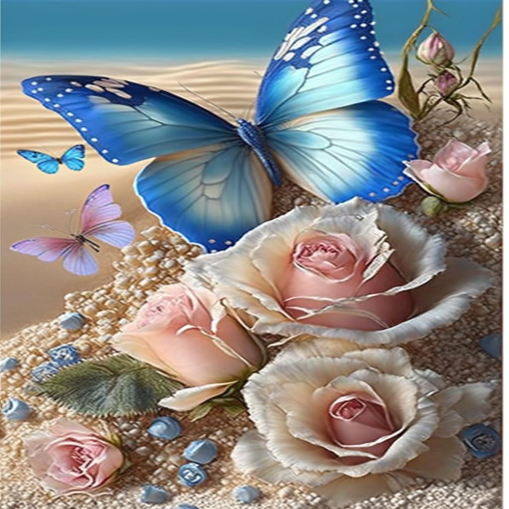 RMSGOZO 5D Beach Rose & Blue Butterfly Diamond Painting Kits - Fresh Summer Full Round Diamond Art Kits for Adults and Kids, for Wall Decor & Bathroom Room Decor Gifts (20 X 24 Inch)
