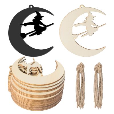 Moon Witch Wood Halloween Wood DIY Wood Moon Witch Shaped Blank Wood with Twines Art Unfinished Ornaments for Halloween Christmas Wedding Birthday Party Thanksgiving Day Decoration 20Pcs