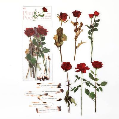 ZXMNBH Stickers for Scrapbooking Kit Red Rose Aesthetic Paper Diary Planner Junk Journaling Decorative Supplies 12 Pcs/Pack