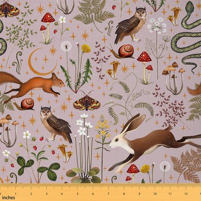 Lovely Rabbit Fabric by The Yard Cartoon Mushroom Cute Owl Animal DIY Craft Glitter Stars Wild Plant Rustic Style Fabric for DIY Soft Flannel Polyester No Stretch 10 Yards,360" Lx59 W Pink