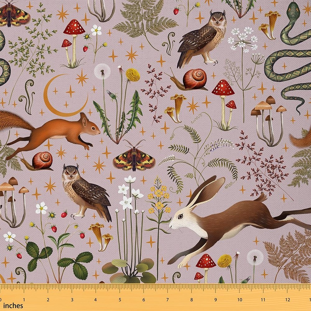 Lovely Rabbit Fabric by The Yard Cartoon Mushroom Cute Owl Animal DIY Craft Glitter Stars Wild Plant Rustic Style Fabric for DIY Soft Flannel Polyester No Stretch 10 Yards,360" Lx59 W Pink