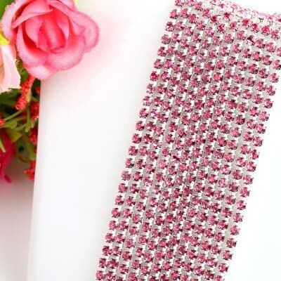 1 Yard 30 Colors Ss6-Ss16 Glass Crystal Rhinestone Chain Silver Bottom Sew On Cup Chains for DIY Garment Bags Decorations - (Size: 3Mm/Color: Pink)