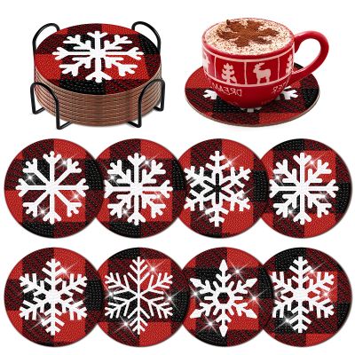 8 Pcs Christmas Snowflake Diamond Art Coasters Kit with Holder Red and Black Plaid Snowflake Diamond Art Coasters for Adults Diamond Art Kit Supplies for Xmas Holiday Presents