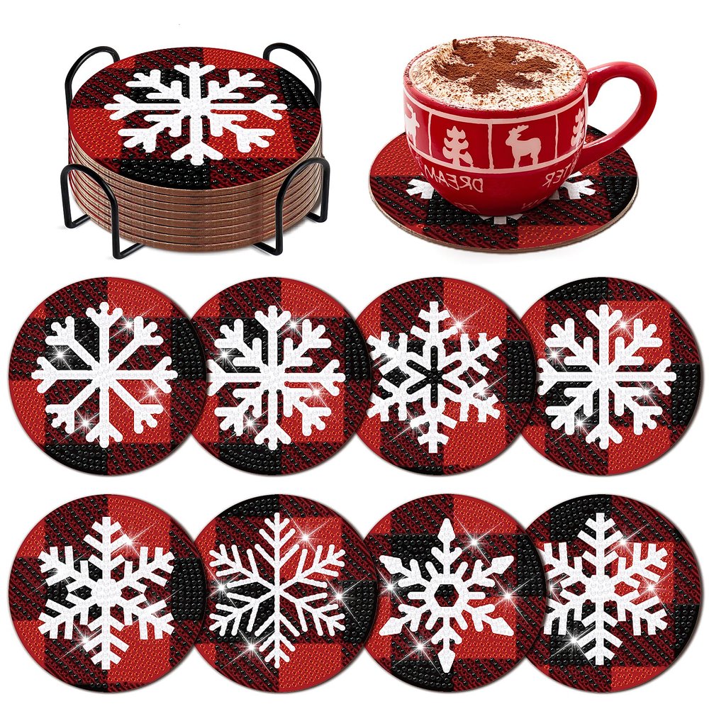 8 Pcs Christmas Snowflake Diamond Art Coasters Kit with Holder Red and Black Plaid Snowflake Diamond Art Coasters for Adults Diamond Art Kit Supplies for Xmas Holiday Presents