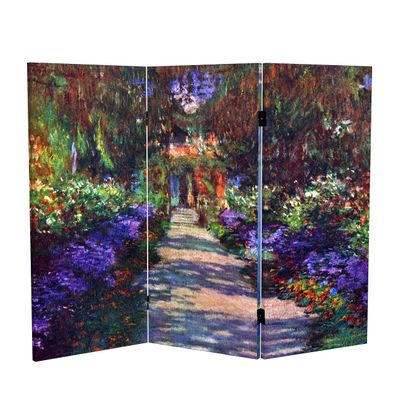 Red Lantern Double Sided Works of Monet Canvas Folding Screen - Lilies/Garden at Giverny, 3 ft. Short