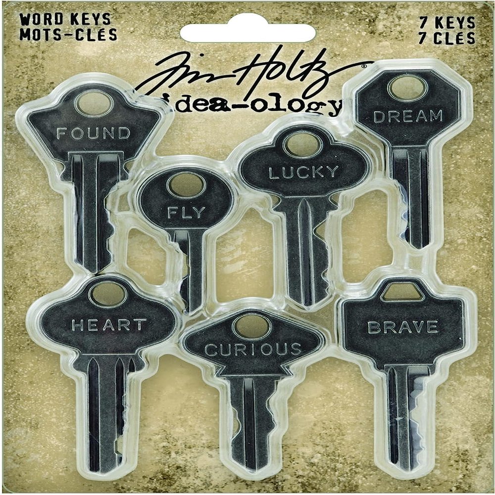 Advantus Tim Holtz Word Keys Set of 7 - Found, Heart, Fly, Lucky, Dream, Curious, Brave