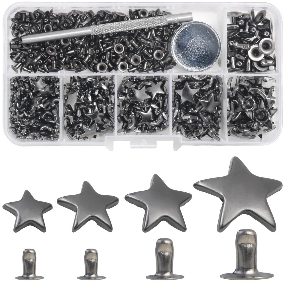 YORANYO 200 Sets Leather Rivets Kit Mixed Sizes - Star Studs for Clothing Fabric - Gunmetal Rivets With Crafting Tool for Repair Decorate Jackets Shoes Bags Belts Purse