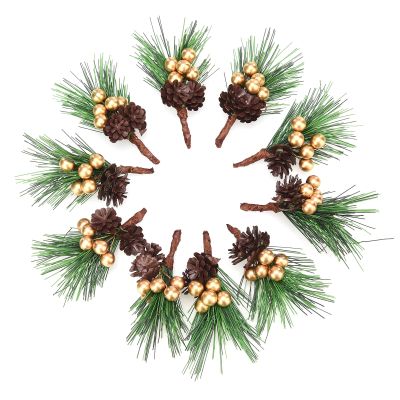 Artificial Christmas Picks, 10 PCS Christmas Mini Pine Picks Pine Tree Plants Red Berry Picks Berry Branches with Pinecones Holly Leaves for Party Flower Arrangements Wreaths Xmas Tree Gift(Gold)