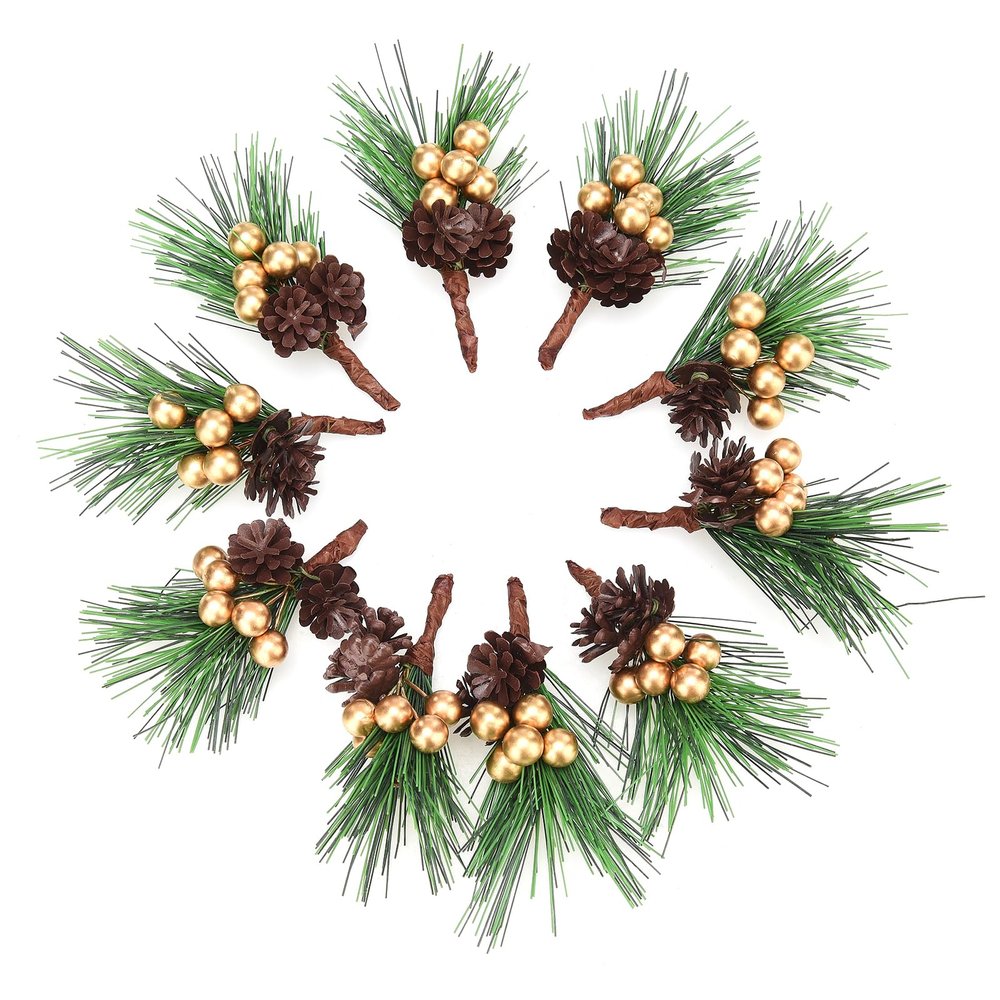 Artificial Christmas Picks, 10 PCS Christmas Mini Pine Picks Pine Tree Plants Red Berry Picks Berry Branches with Pinecones Holly Leaves for Party Flower Arrangements Wreaths Xmas Tree Gift(Gold)