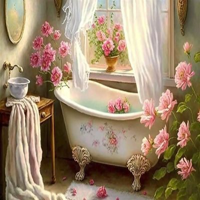 RMSGOZO Pink Floral Bathtub Diamond Painting - Vintage Diamond Art Kits, Exquisite Full Circle Gemstone Fine Rhinestone Art Kit for Beginners, for Room Decor & Bathroom Decor (20 X 24 Inch)