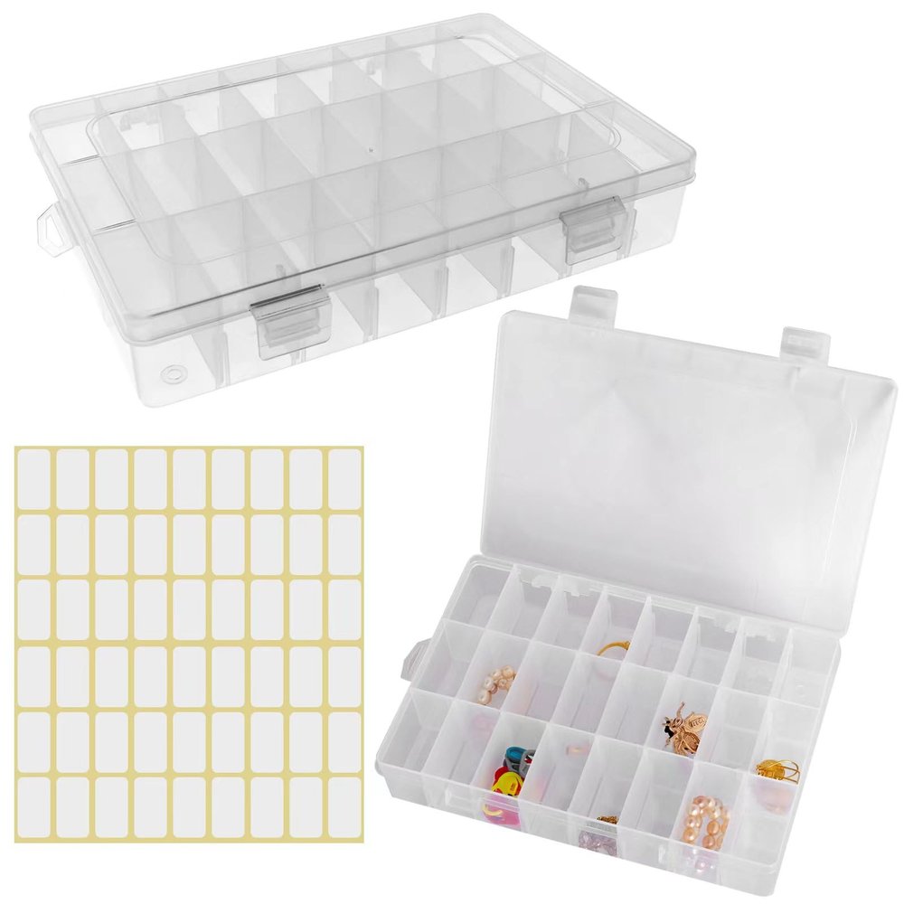 2 Pack 24 Grids Clear Plastic Organizer Box, Storage Container with Adjustable Divider, Craft and Bead Storage Organizer Box for DIY Crafts Jewelry Fishing Tackles with 1 Sheets Label Stickers