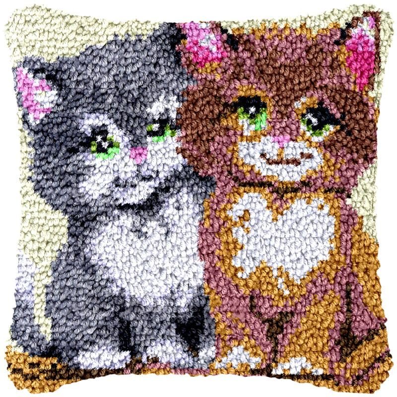 Beginner Latch Hook Pillow Kits Set Two Kitten Sofa Cushion Cover Latch Hook Carpet Rug Acrylic Yarn,Pillowcase Craft Kits with Printed Canvas for Starter - 17 x 17 Inch