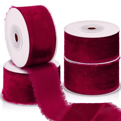 Preboun 4 Rolls Christmas Velvet Ribbon for Gift Wrapping 24 Yards Total Frayed Edge Velvet Silk Ribbon for Christmas Wedding Baby Shower DIY Crafts Decor(Burgundy,1.5 Inch)
