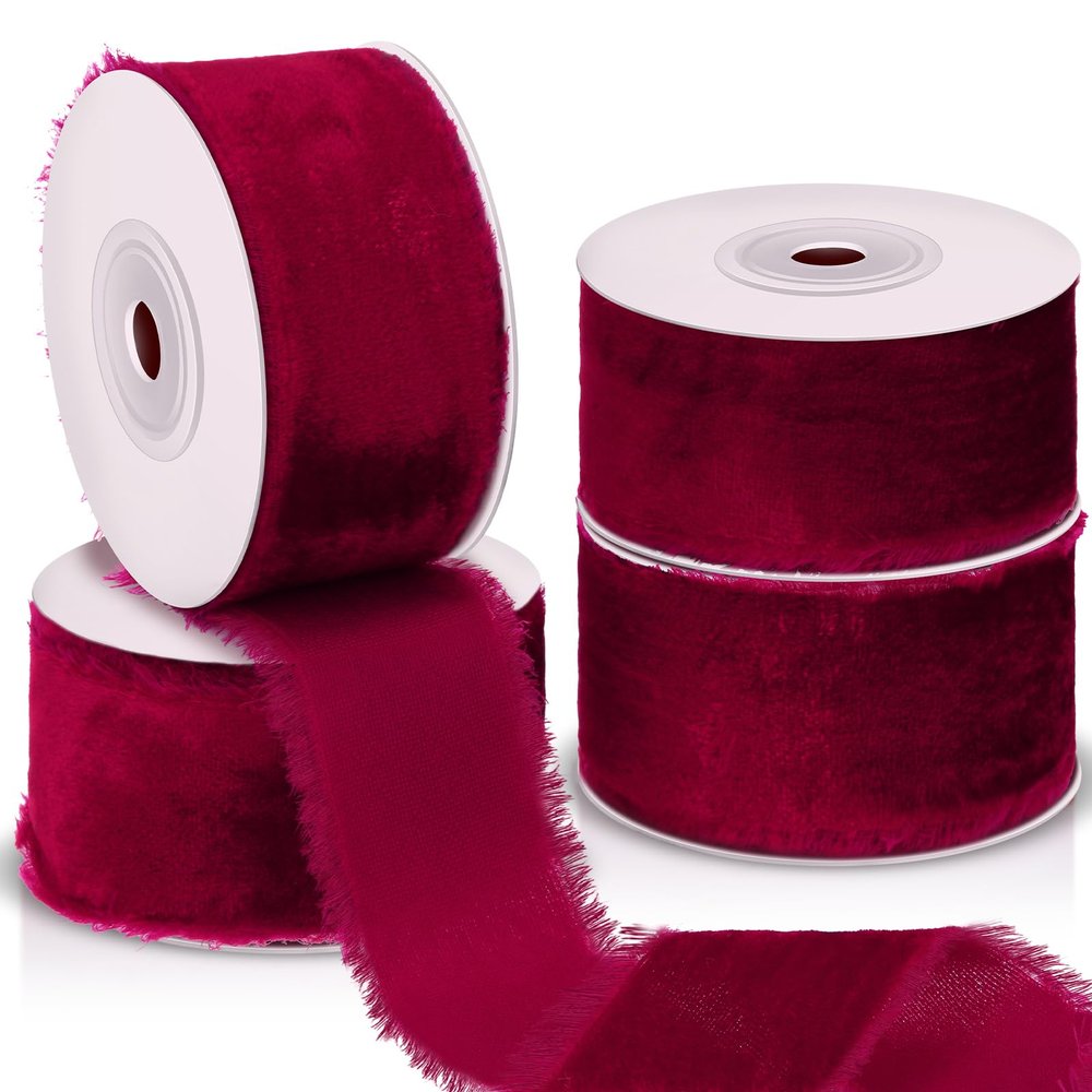 Preboun 4 Rolls Christmas Velvet Ribbon for Gift Wrapping 24 Yards Total Frayed Edge Velvet Silk Ribbon for Christmas Wedding Baby Shower DIY Crafts Decor(Burgundy,1.5 Inch)