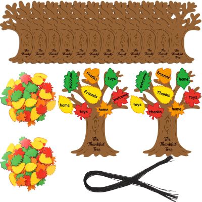 Riceshoot 12 Set Thanksgiving Crafts Kit Thankful Fall DIY Tree Includes 12 Foam Fall Tree Trunks 96 Self Adhesive Maple Leaf Sticker 12 Strings for Thanksgiving Holiday