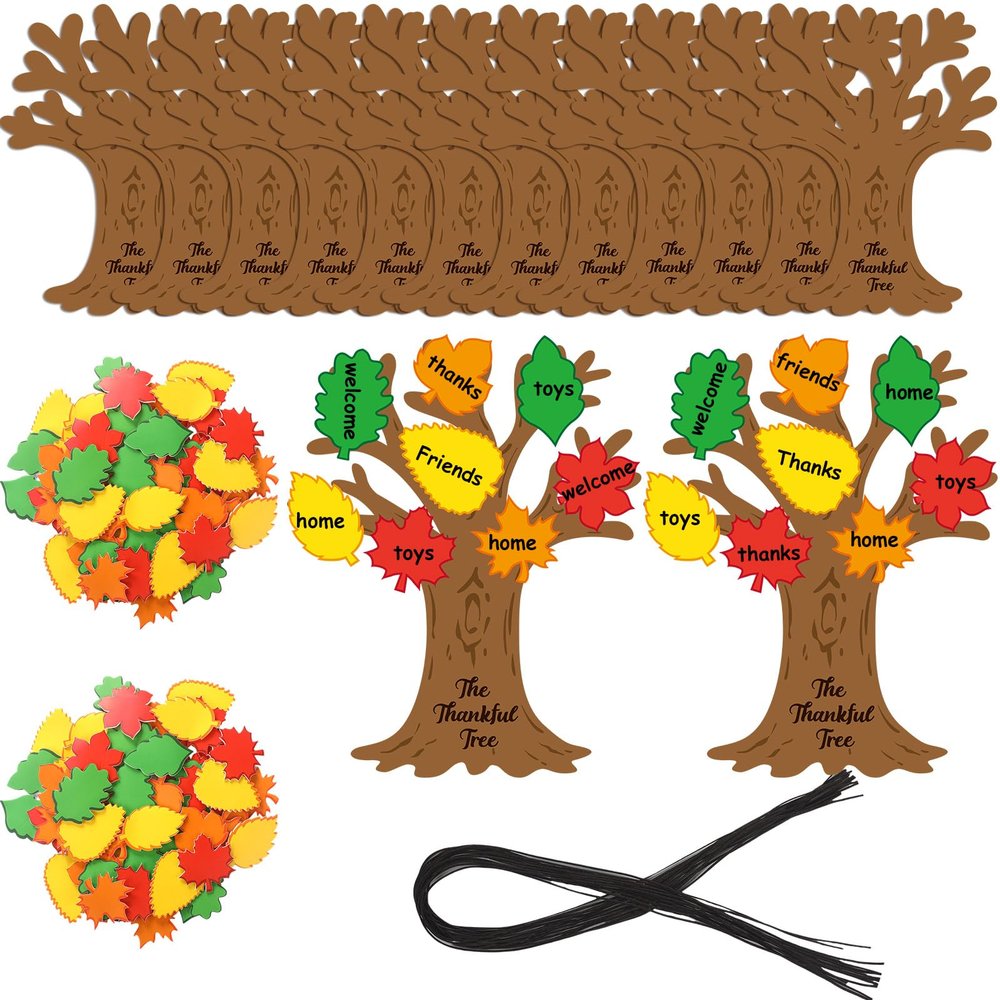 Riceshoot 12 Set Thanksgiving Crafts Kit Thankful Fall DIY Tree Includes 12 Foam Fall Tree Trunks 96 Self Adhesive Maple Leaf Sticker 12 Strings for Thanksgiving Holiday