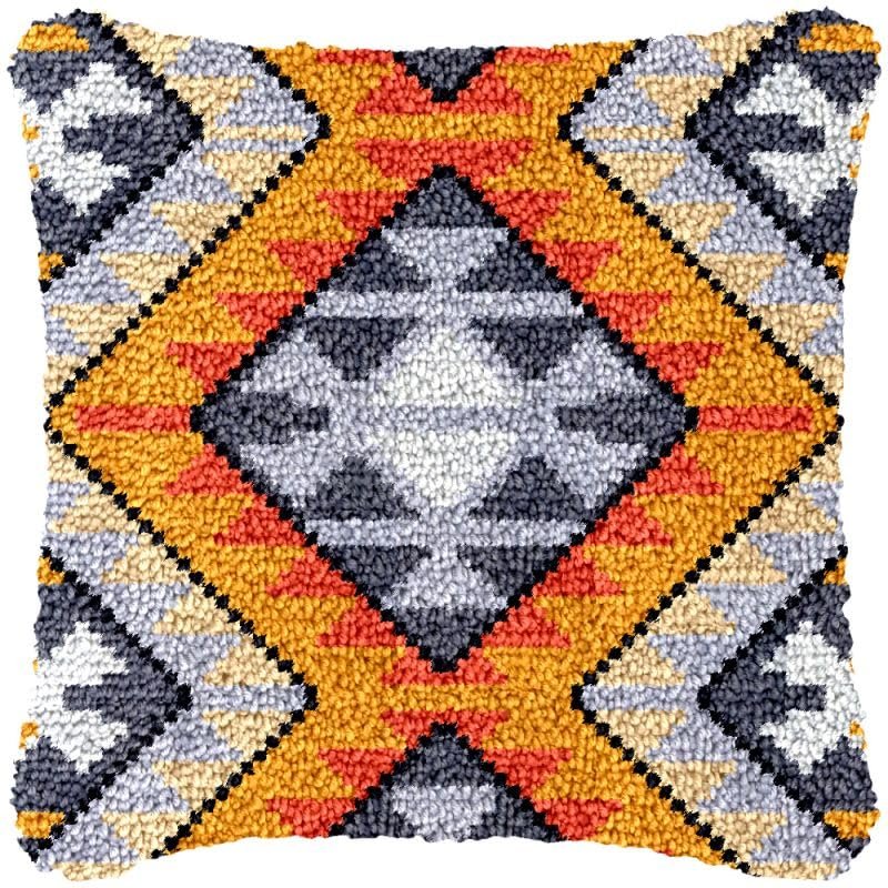 Latch Hook Pillowcase Kits Set Rhomboid Pattern Sofa Cushion Cover Latch Hook Carpet Rug Acrylic Yarn,Throw Pillow Craft Kits with Printed Canvas for Starter Kids Adults - 17 x 17 Inch