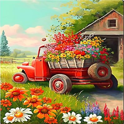 RMSGOZO 8 X 12 Inch Red Car Diamond Painting for Adults - Romantic Farm Colored Flowers, Full Drill Crystal Rhinestone Embroidery Craft Kits for Home Decor Gifts