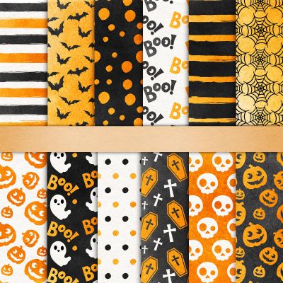 Whaline 24Pcs Halloween Pattern Paper Watercolor Scrapbook Paper Pumpkin Double Sided Decorative DIY Art Craft Papers for Card Making Scrapbook Photo Album Decor, 11.8 x 11.8 Inch