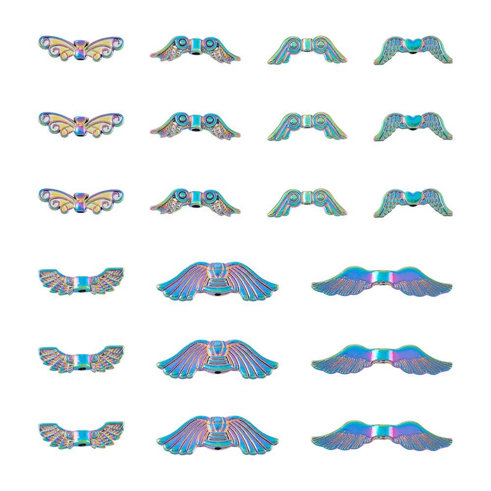 pandahall 56Pcs Rainbow Angel Wing Charms Tibetan Butterfly Fairy Wing Bead Charms 7 Styles Angel Fairy Wing Spacer Beads for Women Earring Necklace Jewelry Making