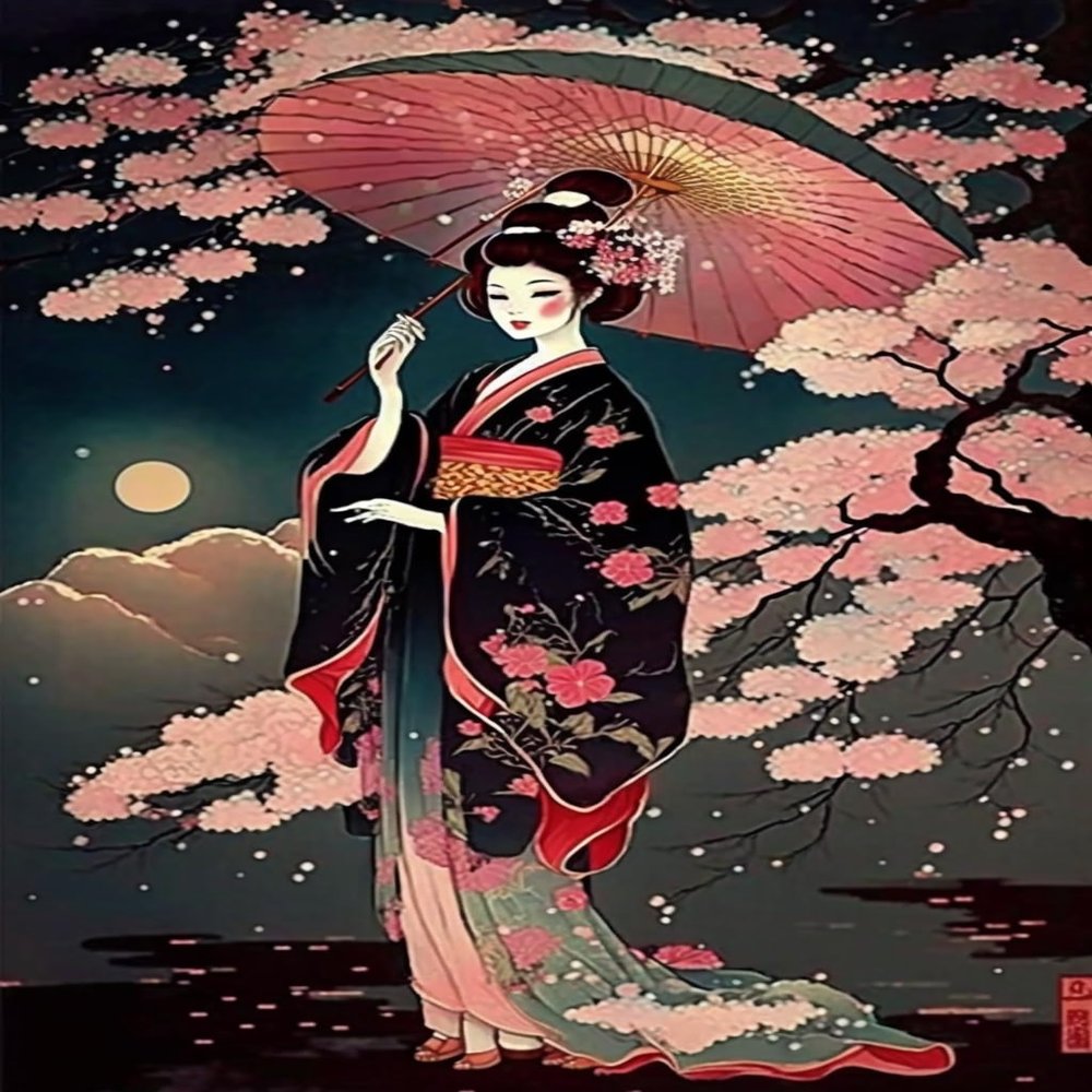 RMSGOZO Japanese Umbrella Woman Geisha Diamond Painting - Cartoon Sakura Beauty Diamond Art Kits for Adults, Full Round Gemstone Crystal Cross Stitch Kit, for Wall Decor (16 X 24 Inch)