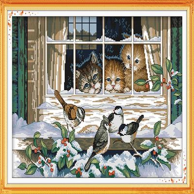 Benway Cross Stitch Kit 14ct Counted Three Cats Four Birds Snow Window 54x37cm (21.26x14.57in)