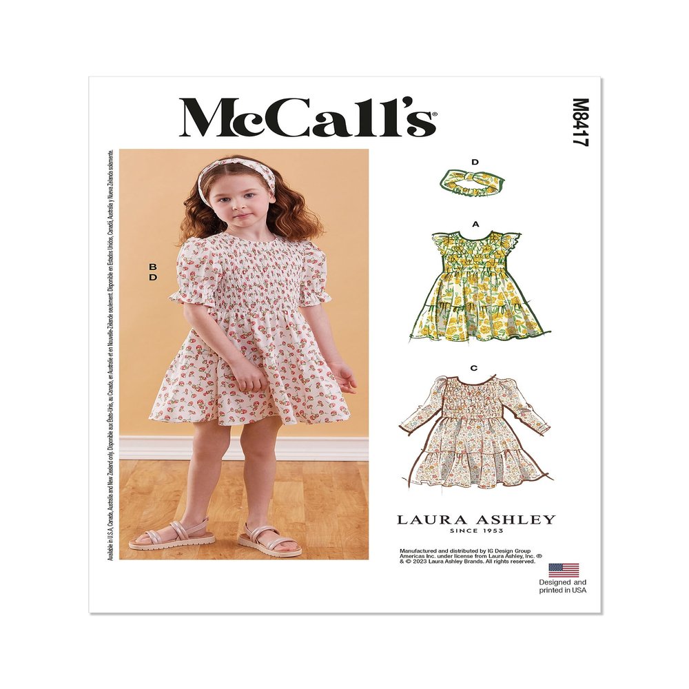 McCall's M8417A Children's Dress and Headband Sewing Pattern Kit by Laura Ashley, Design Code M8417, Sizes 3-4-5-6-7-8