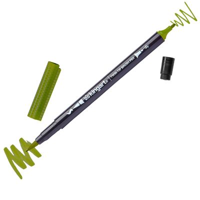 KINGART TT120-1 PRO Twin-Tip Olive Green Color 445 Series Single Brush Pen Artist Marker, Double-ended Brush Tip & Fine Tip, Water-based Non-Toxic Ink, Olive Green