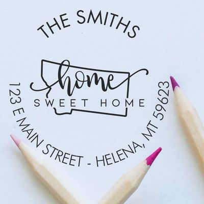 Personalized Round Home Sweet Home Address Stamp for Montana, Uses Stamp Pad, Montana Address Stamp, Circular Stamp, Size 1-5/8" Diameter