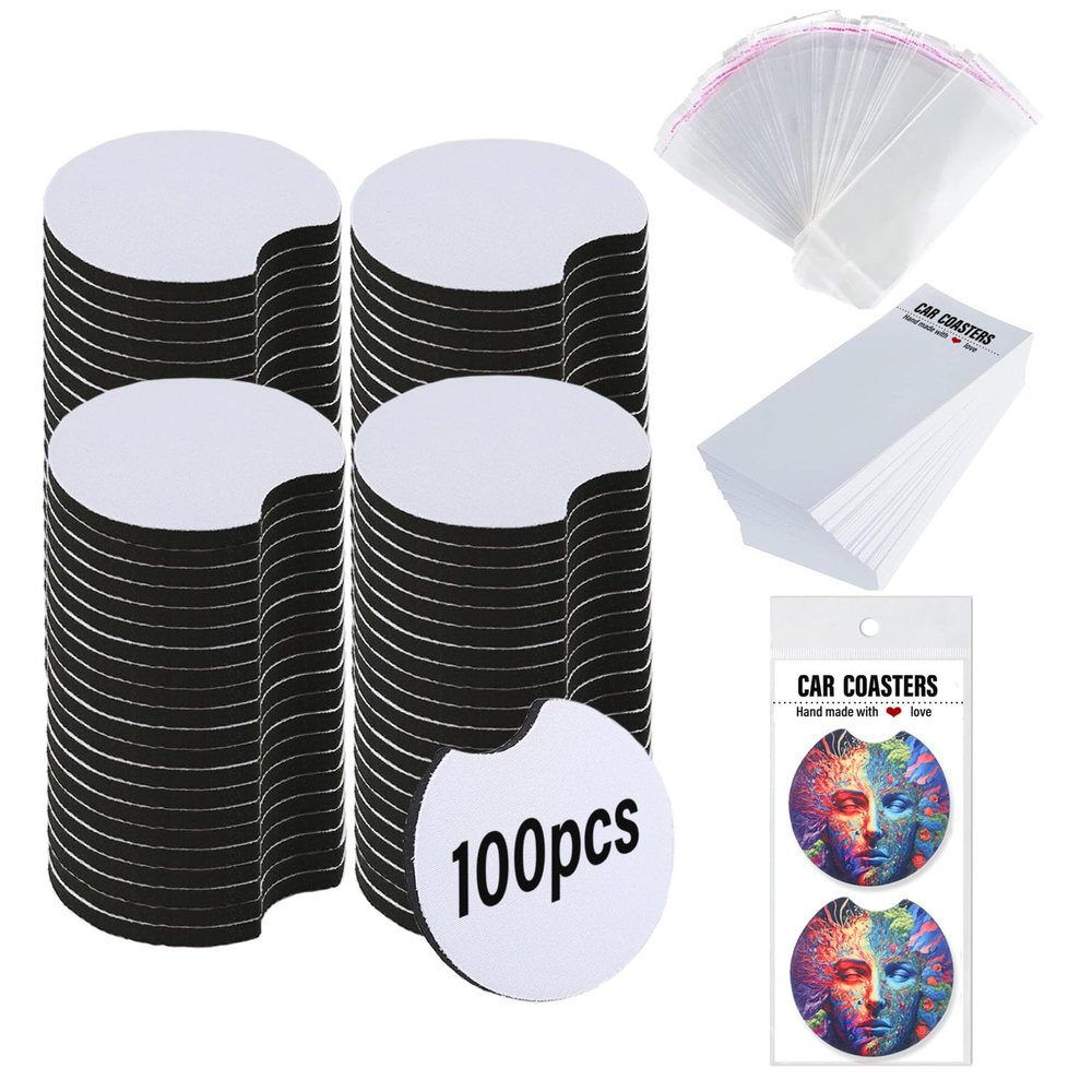 100 PCS Sublimation Blank Car Coasters with Car Coaster Packaging, 2.75 in Circular Opening Blank Sublimation Coasters for Thermal Sublimation DIY Crafts,Car Coasters for Selling
