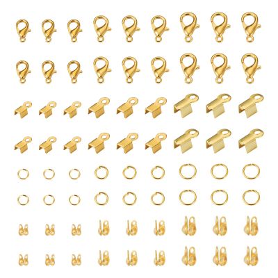 Pandahall 990Pcs Jewelry Making Accessories Set Golden Lobster Claw Clasps Jump Rings Folding Crimp Ends Knot Covers Cord Ends for Bracelet Necklace DIY Jewelry Making Supplies