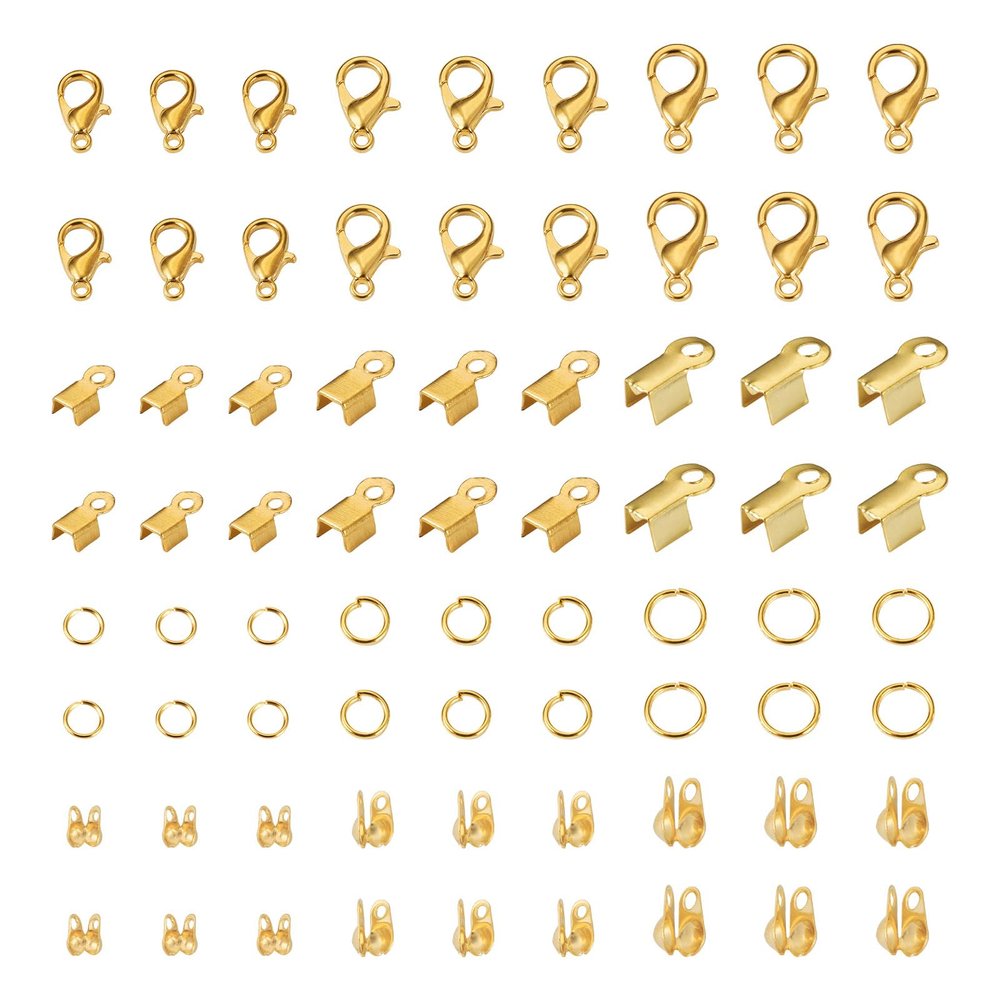 Pandahall 990Pcs Jewelry Making Accessories Set Golden Lobster Claw Clasps Jump Rings Folding Crimp Ends Knot Covers Cord Ends for Bracelet Necklace DIY Jewelry Making Supplies