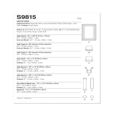 Simplicity Rectangular Cloth and Round Table Runner Tabletop Dcor Sewing Pattern Kit, Design Code S9815, One Size, Multicolor
