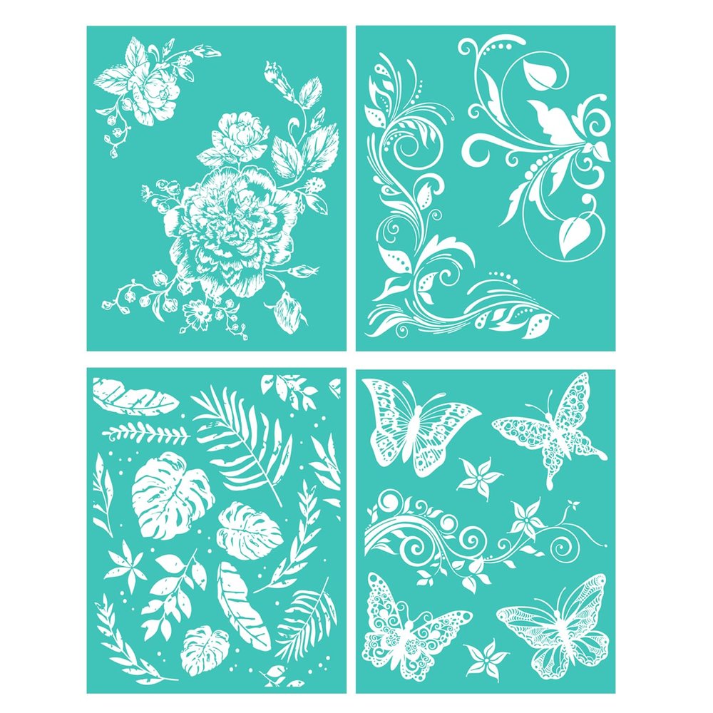 4Pcs/Set Silkscreen Stencil Natural Florals,Reusable Self-Adhesive Silk Screen Printing, for Decor/Printing on Wood/Fabric/Wall/Cup/Plate/Glass/Paper, Home Christmas Decorations Pattern(8x10inch)